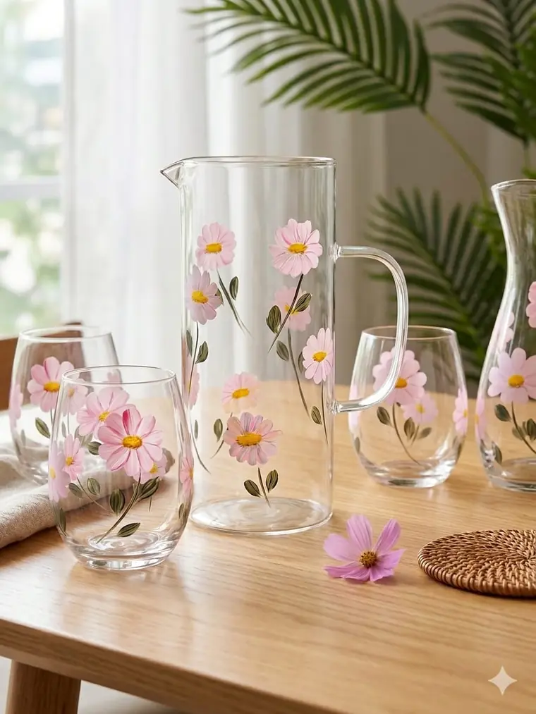 Jarra de vidro pintada à mão com flores cor-de-rosa