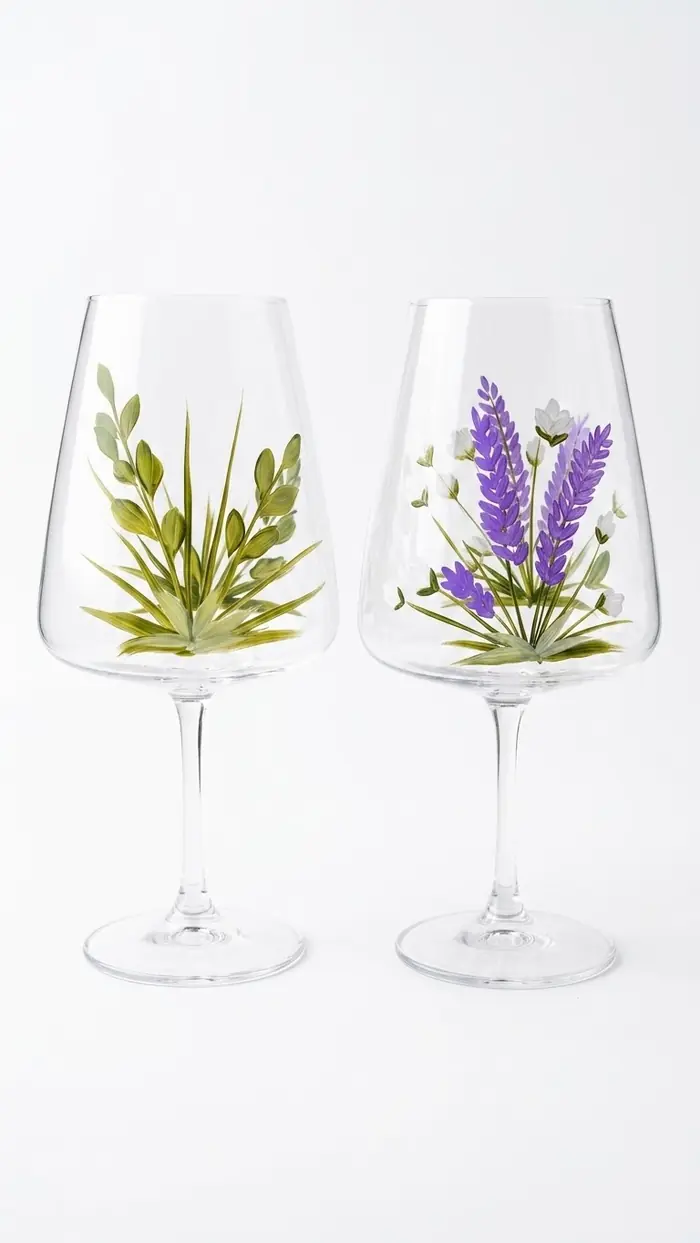 Par de taças pintadas à mão com lavanda e folhagens para o brinde dos noivos