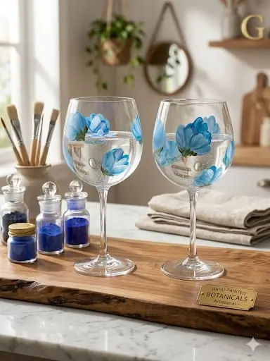 Taças de gin pintadas à mão com flores azuis